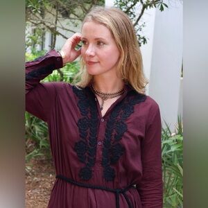 Ex Voto Ivy Kaftan Dress Wine Black Embroidered Cotton XS NWT $289